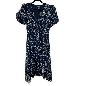 Club Monaco Women’s Silk V-Neck Puff Sleeve Navy Multi V Neck Dress Size 6 NWT